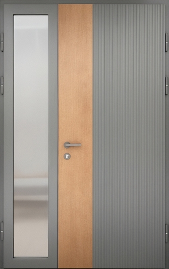 Полуторная стальная термодверь со стеклом сбоку и комбинированной отделкой МДФ серого цвета