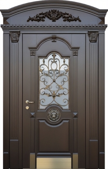 Парадная стальная термодверь с ковкой, отбойником, стеклом, скрытыми петлями и капителями (МДФ с резьбой) Парадная стальная термодверь с ковкой, отбойником, стеклом, скрытыми петлями и капителями (МДФ с резьбой)
