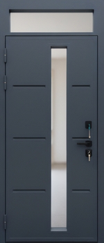 Уличная термодверь с остекленной фрамугой, выдавленным рисунком и полимерной покраской антрацит Уличная термодверь с остекленной фрамугой, выдавленным рисунком и полимерной покраской антрацит